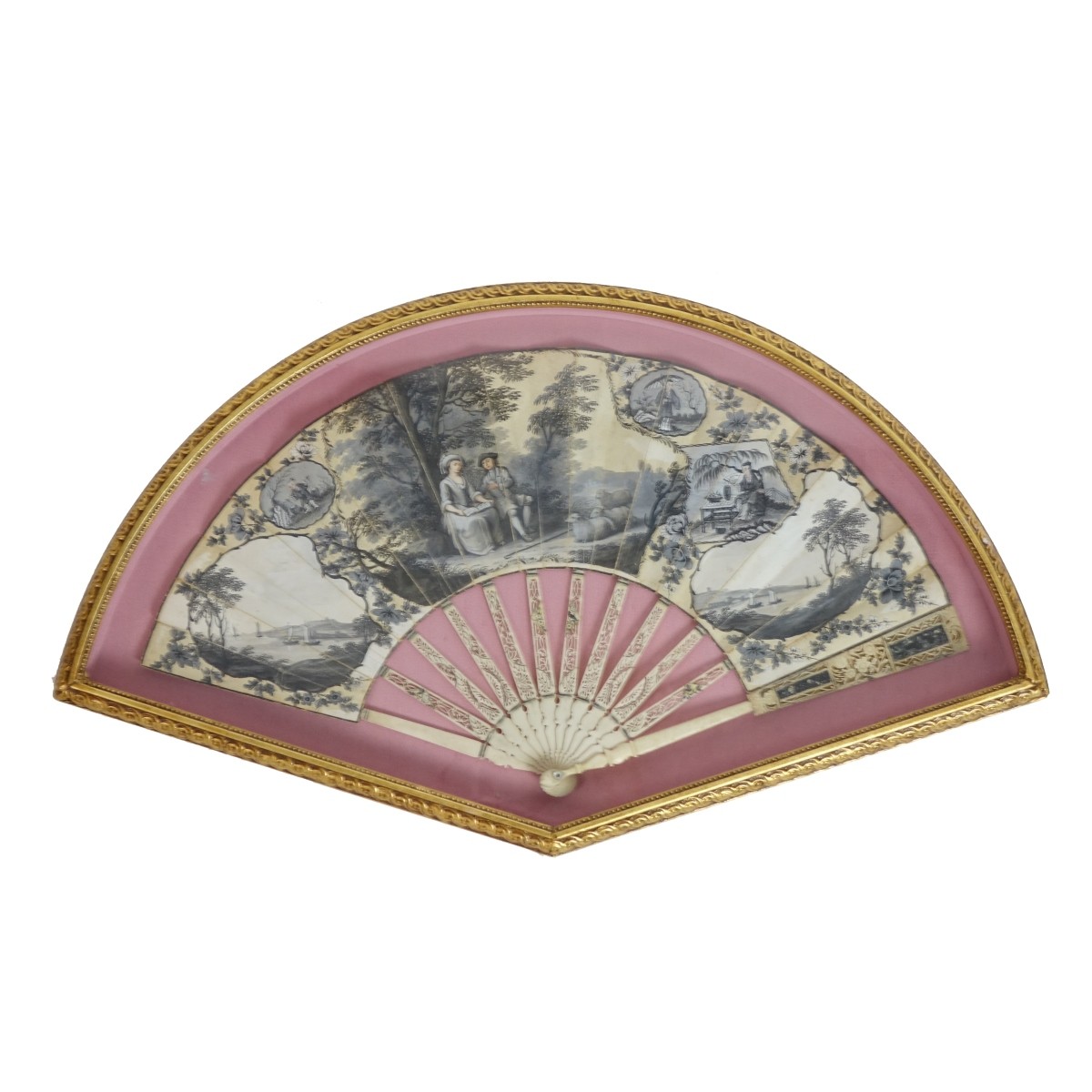 Antique Chinoiserie Folding Fan in Giltwood Frame