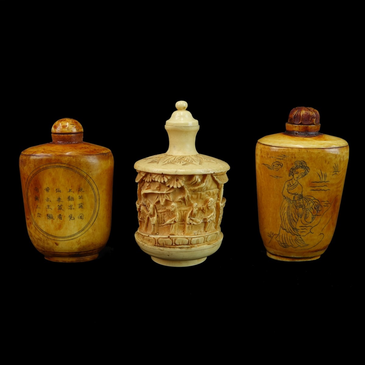 Three (3) Large Chinese Bone Snuff Bottles