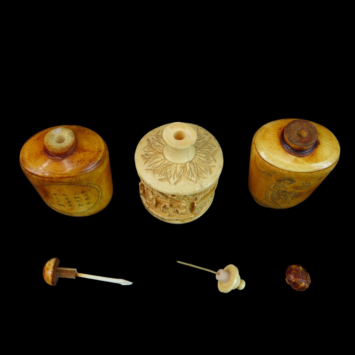 Three (3) Large Chinese Bone Snuff Bottles