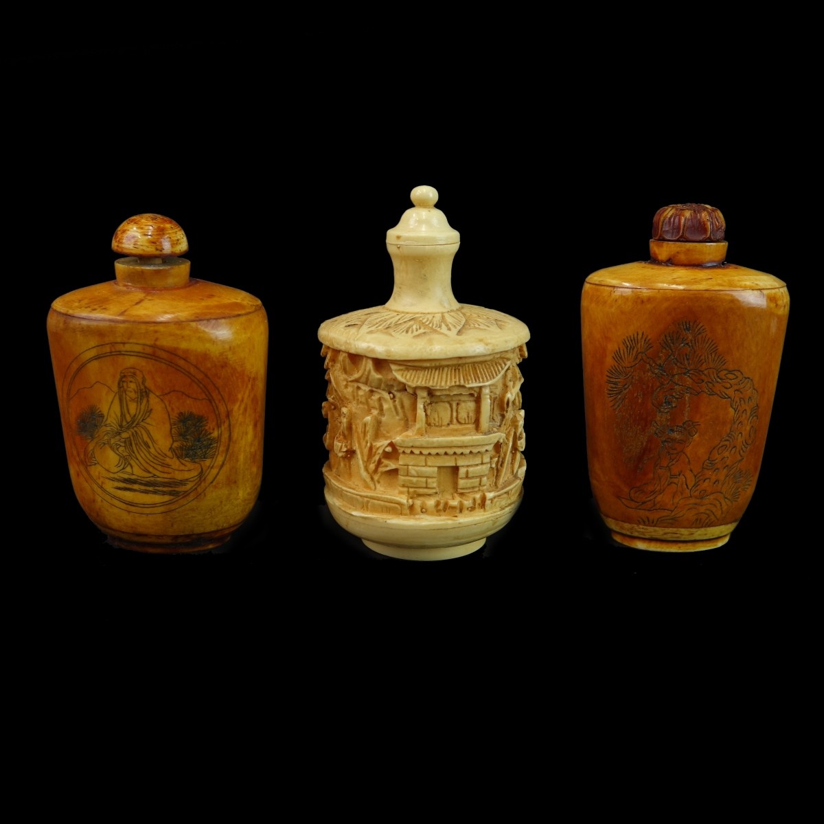 Three (3) Large Chinese Bone Snuff Bottles