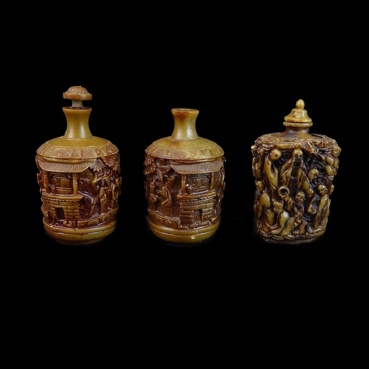 Three (3) Chinese Deep Relief Snuff Bottles