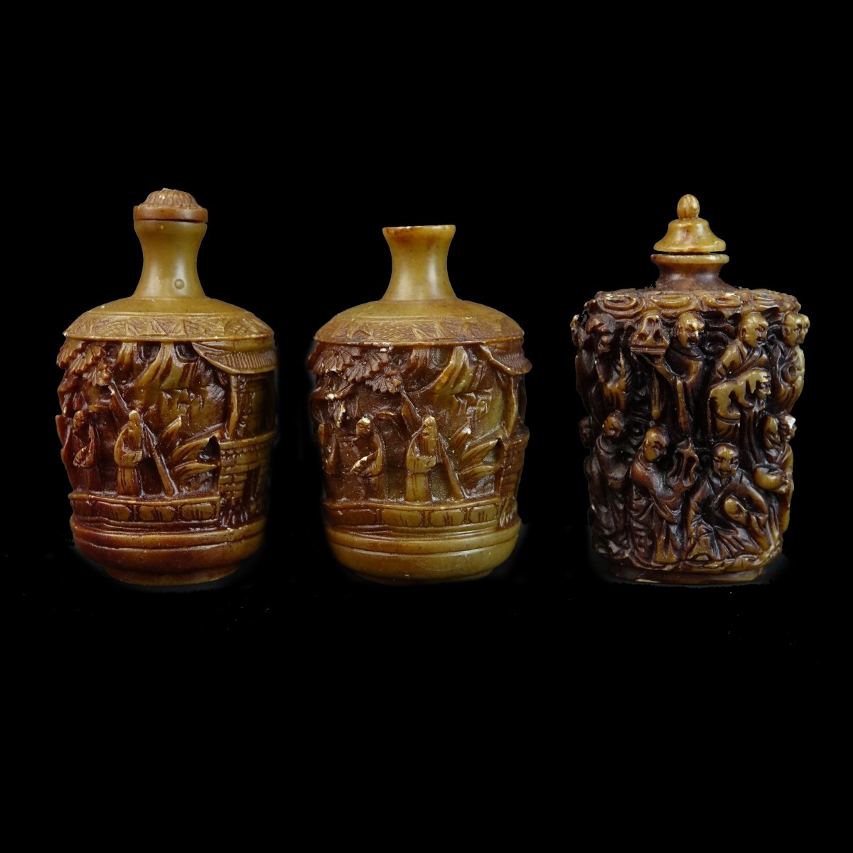 Three (3) Chinese Deep Relief Snuff Bottles