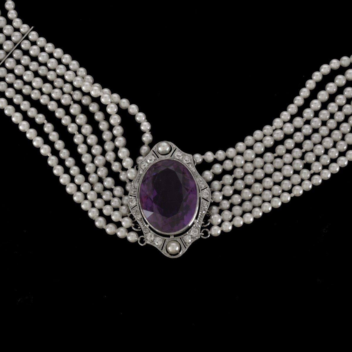 Amethyst Diamond Pearl and Platinum Necklace