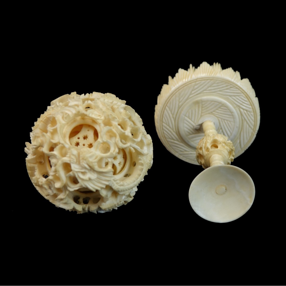 Antique Chinese Carved Concentric Ball with Stand