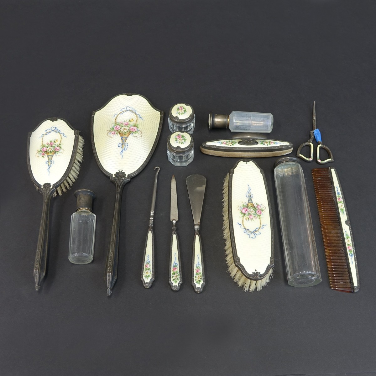 Vintage Sterling Silver and Enamel Vanity Set