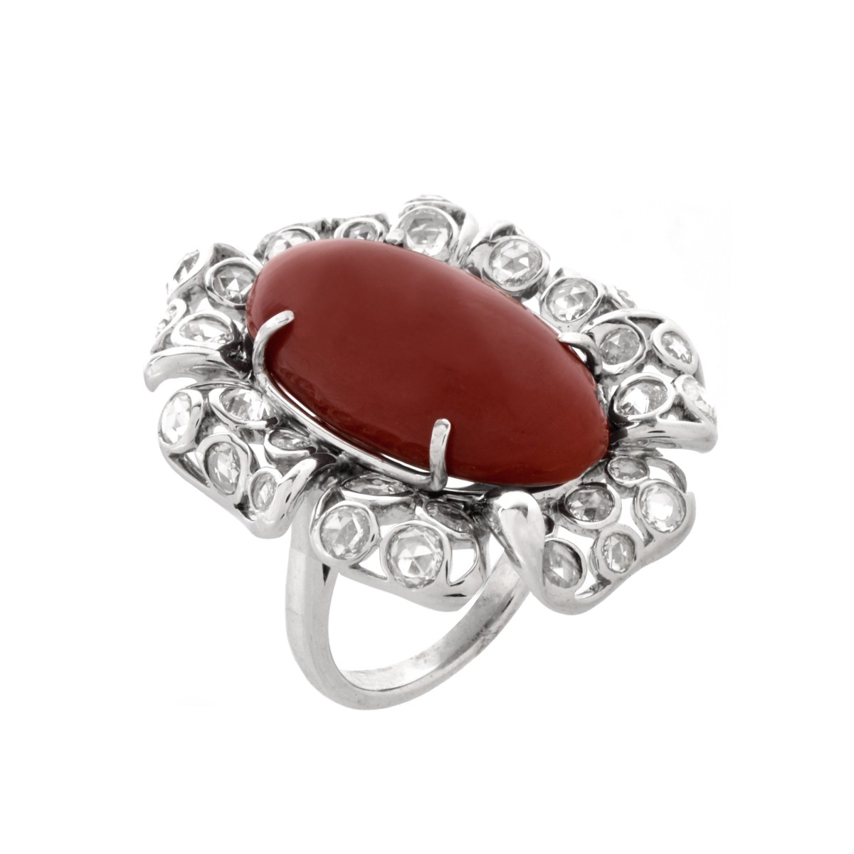 Diamond, Coral and 18K Ring