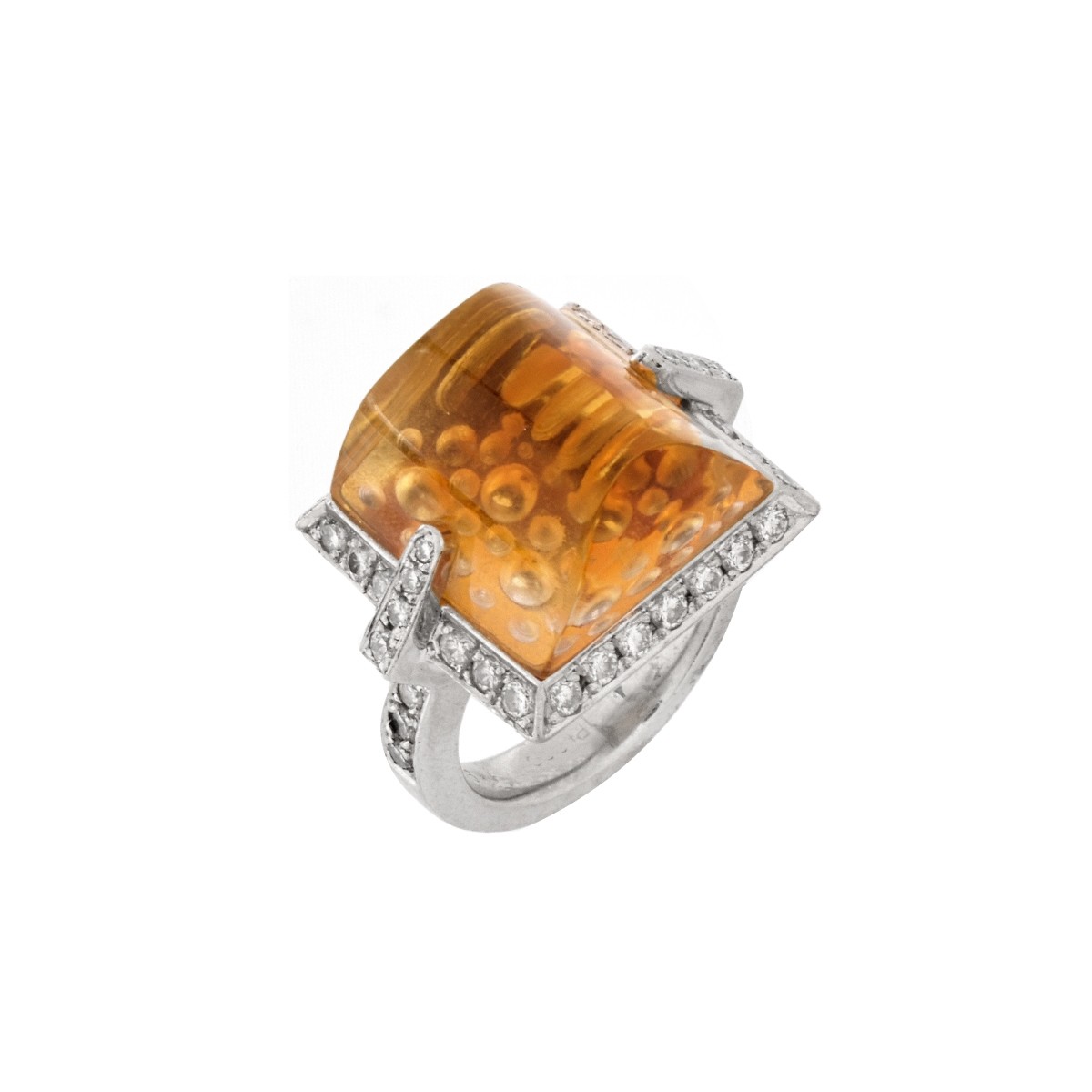 Citrine, Diamond and Platinum Ring.