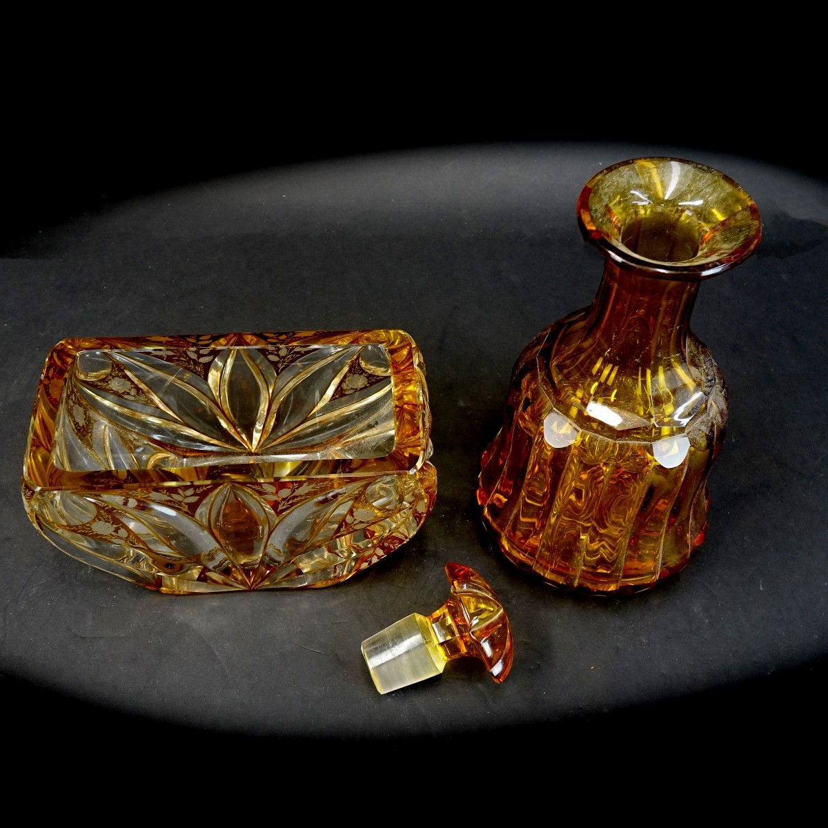 Two (2) Vintage Amber Cut to Clear Tableware