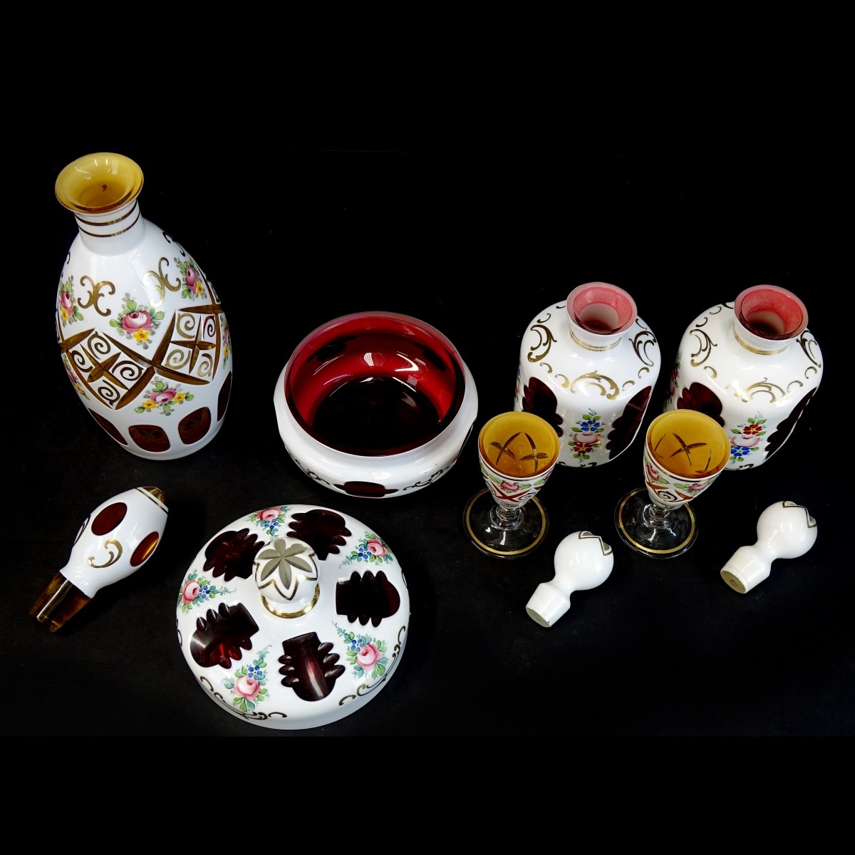 Six (6) Vintage Bohemian Cased Glass Tableware