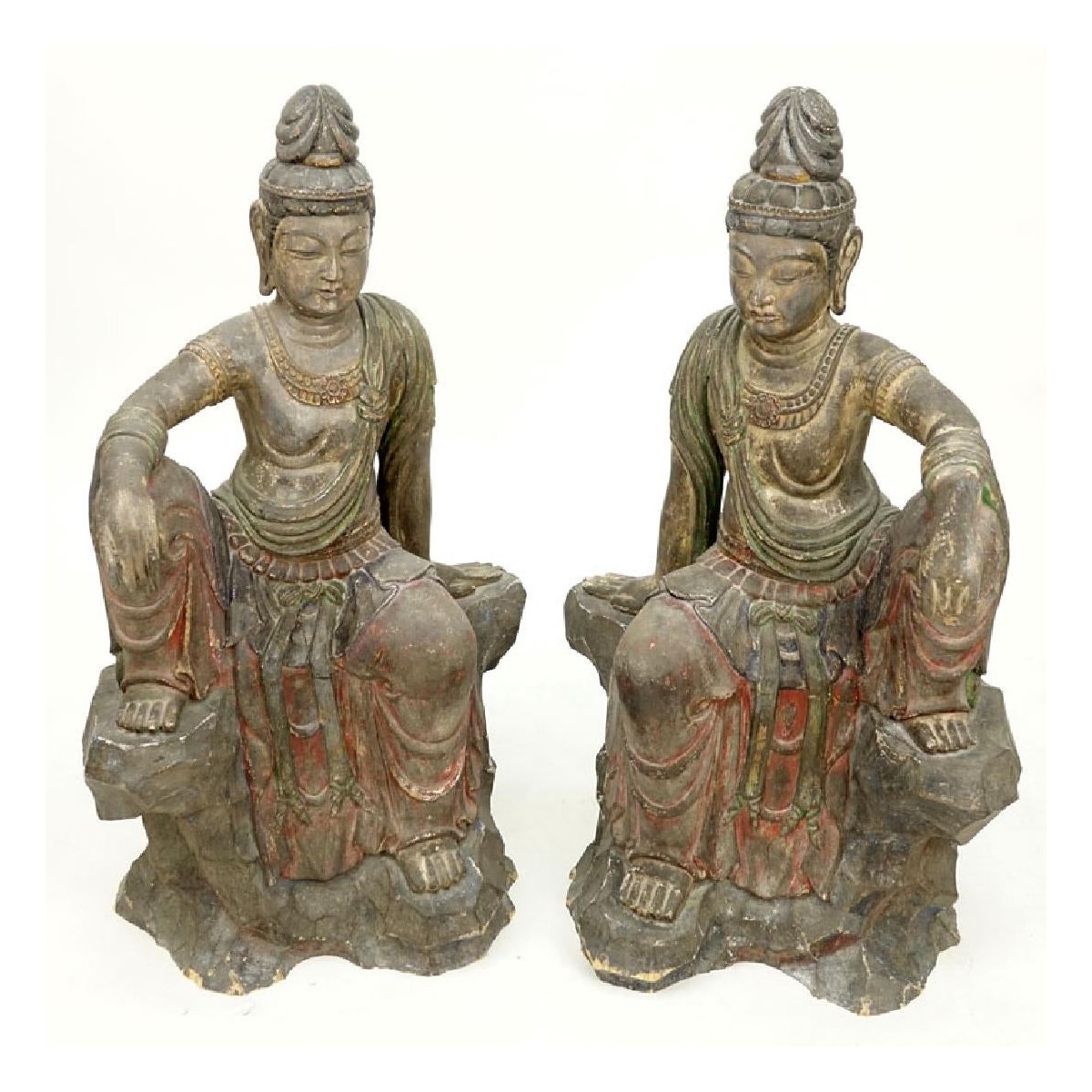 Pair of Asian Carved Wood Buddha Figures