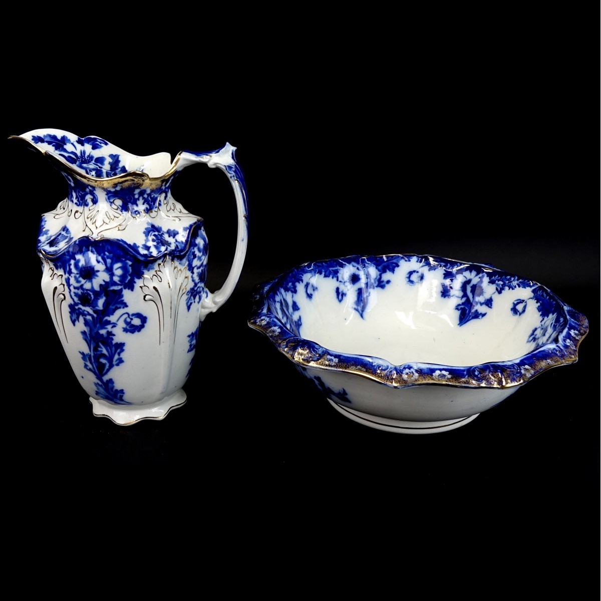 Antique Flow Blue Style Pitcher and Wash Basin