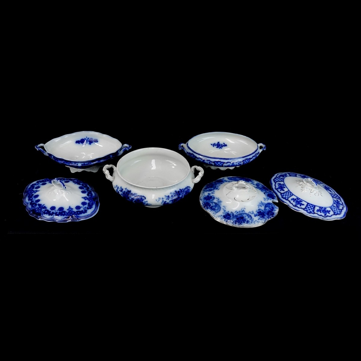 Three (3) Antique Flow Blue Covered Casseroles