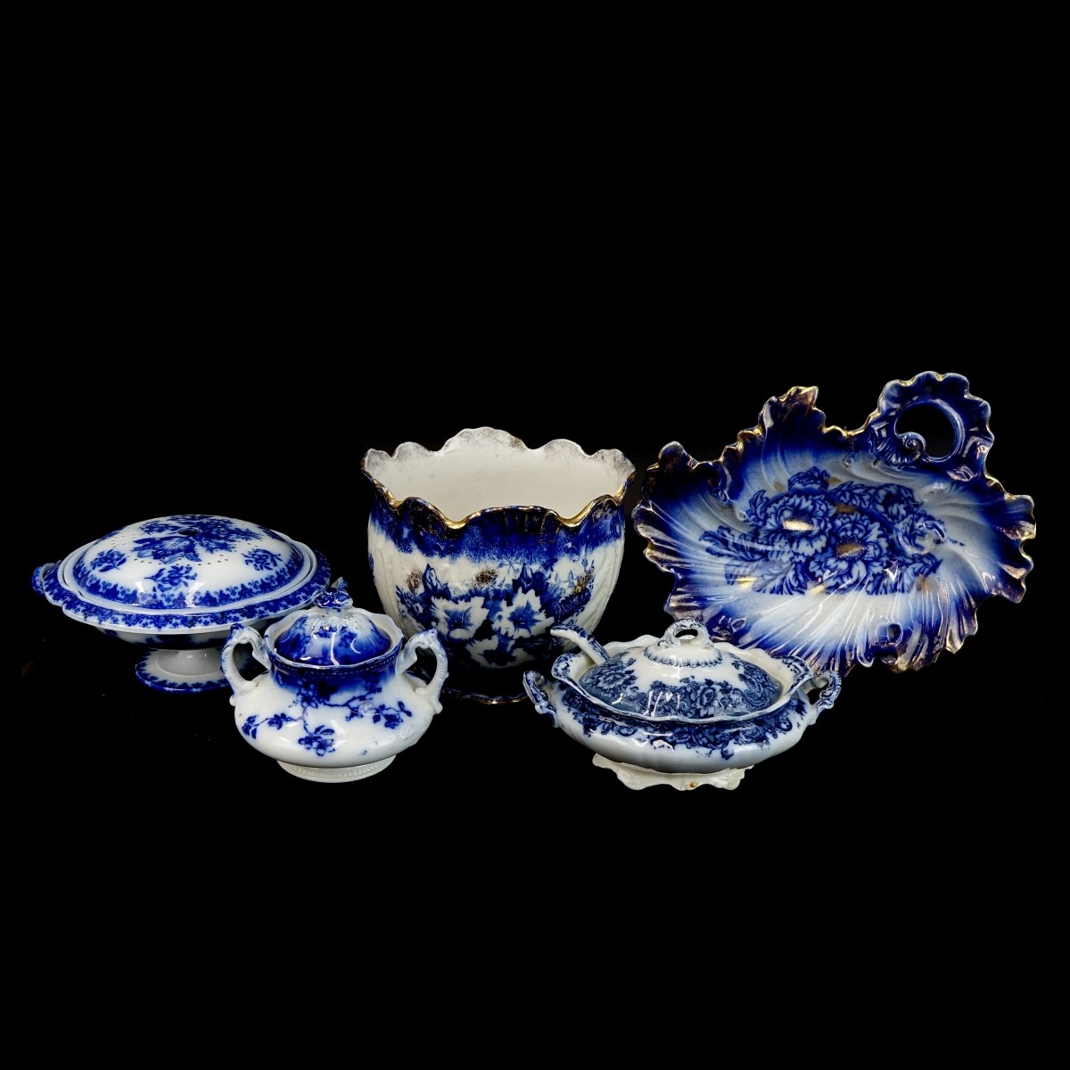 Five (5) Antique Flow Blue Porcelain Tableware