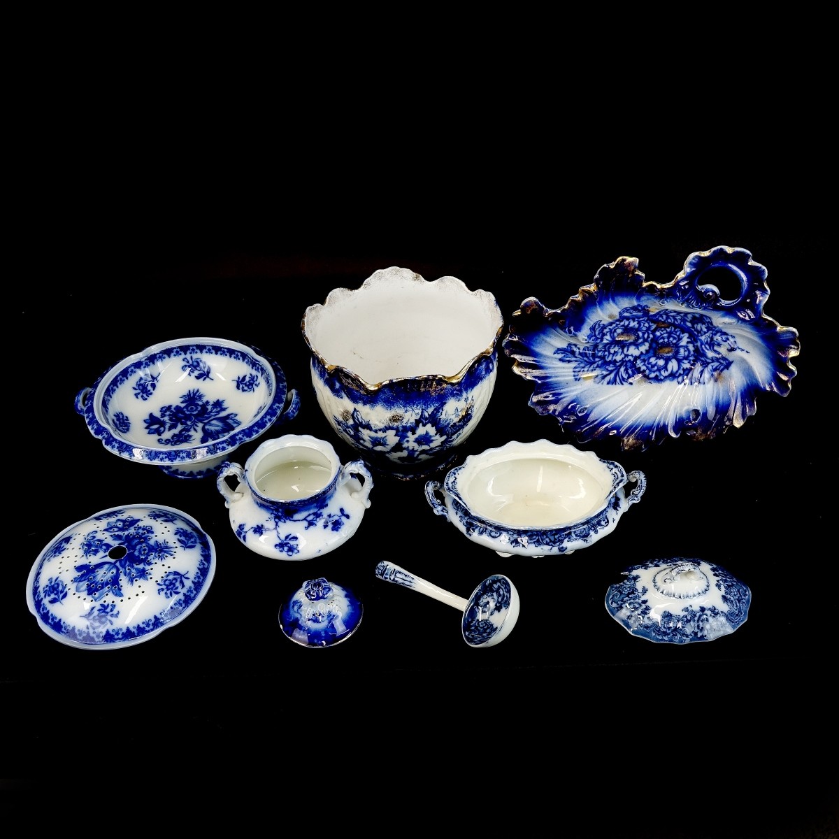 Five (5) Antique Flow Blue Porcelain Tableware