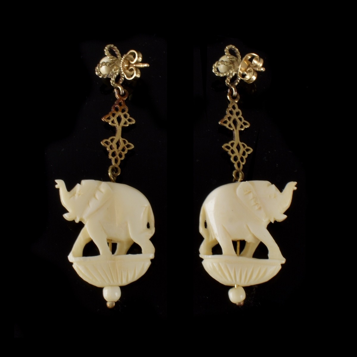 14K Carved Elephant Earrings