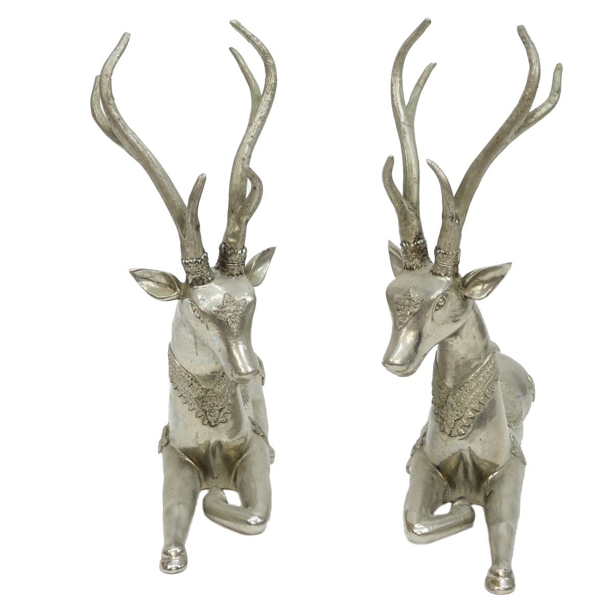 Pair of Modern Silvered Metal Deer Sculptures