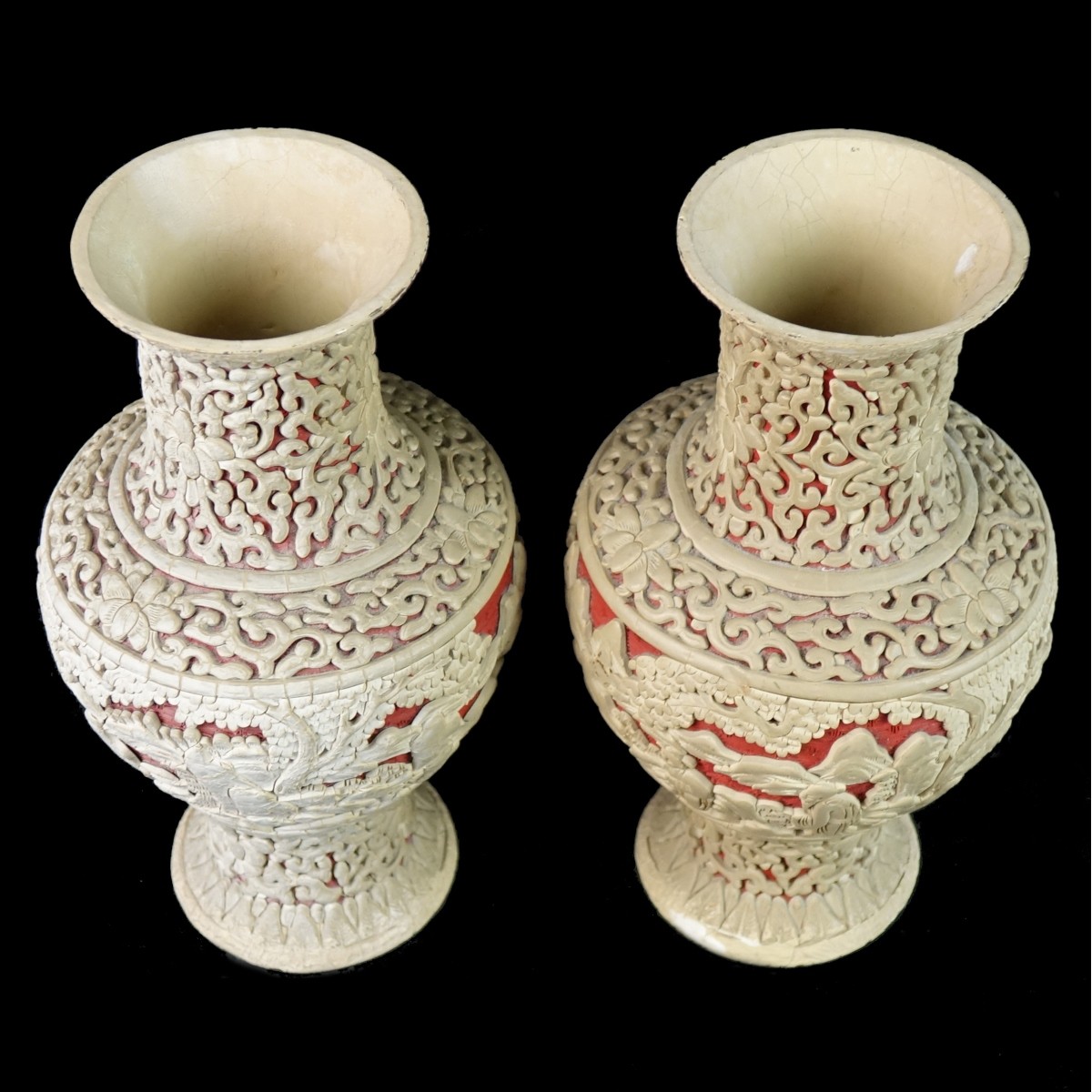 Pair of Antique Chinese Cinnabar Vases