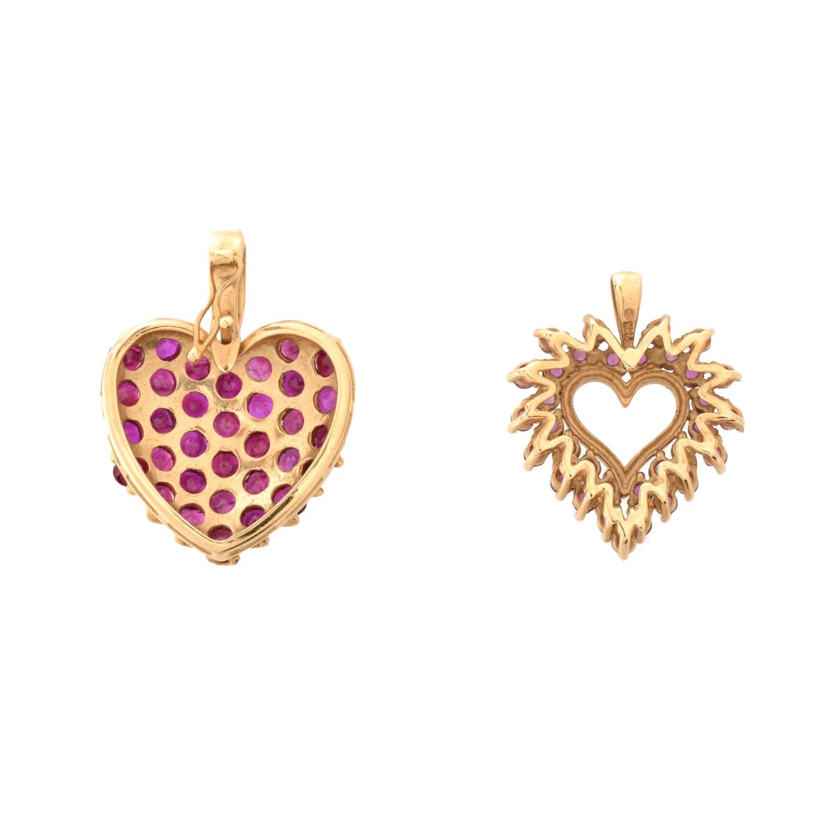 Two Ruby and 14K Heart Pendants