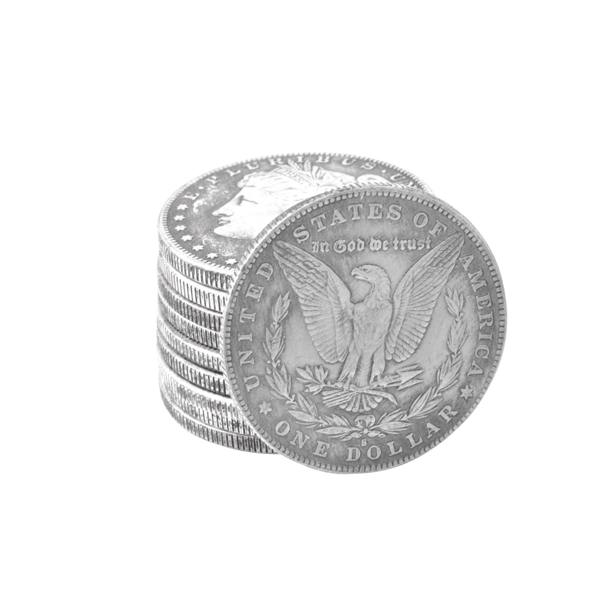 Ten US Morgan Silver Dollar Coins