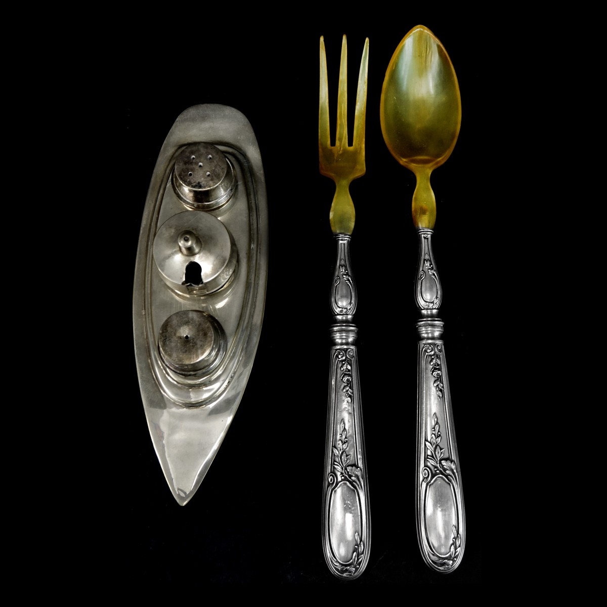 Sterling Handle Salad Set and Silverplate Boat