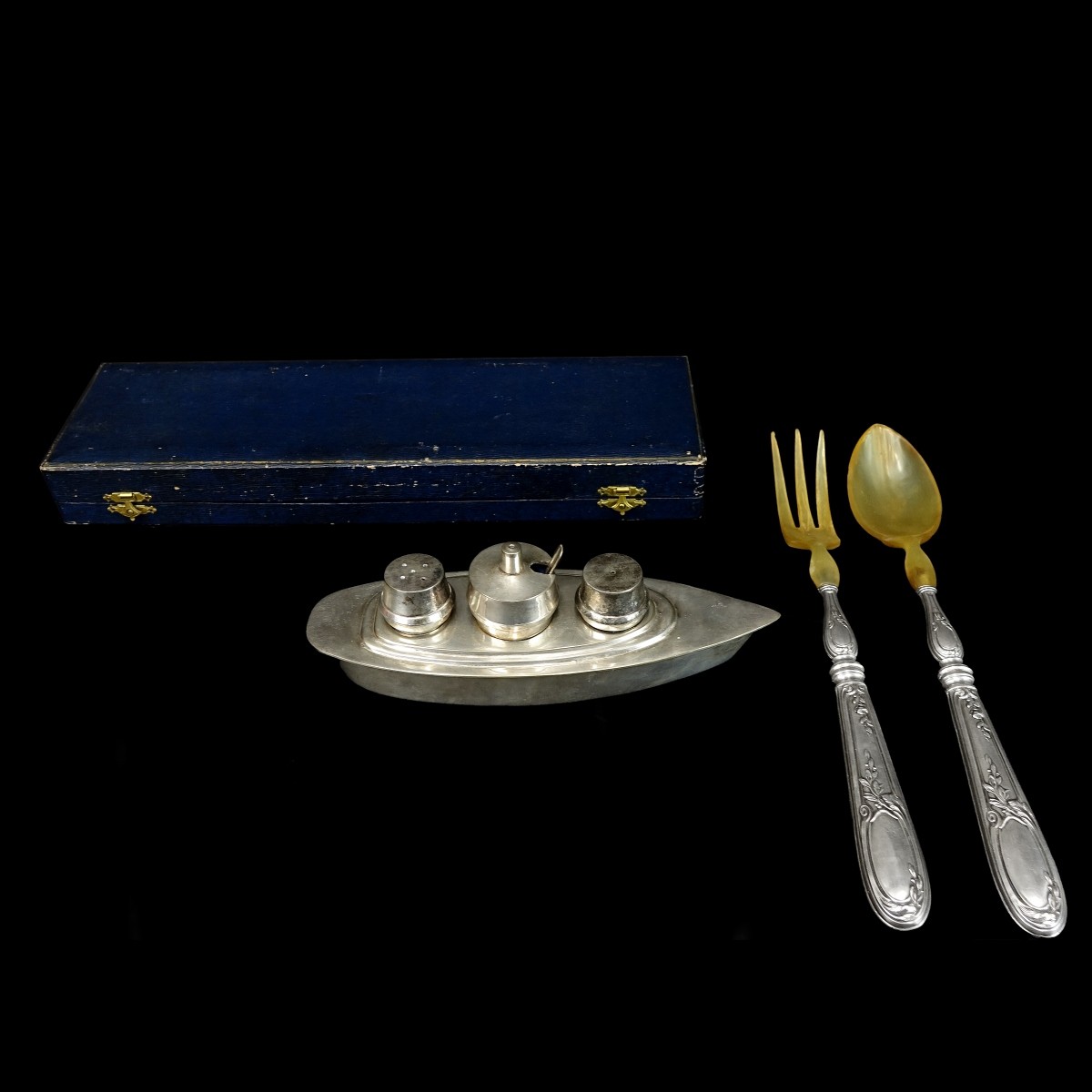Sterling Handle Salad Set and Silverplate Boat