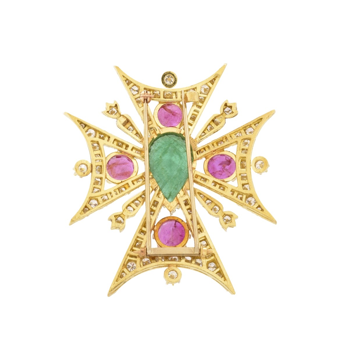 Emerald, Ruby, Diamond and 18K Cross Brooch