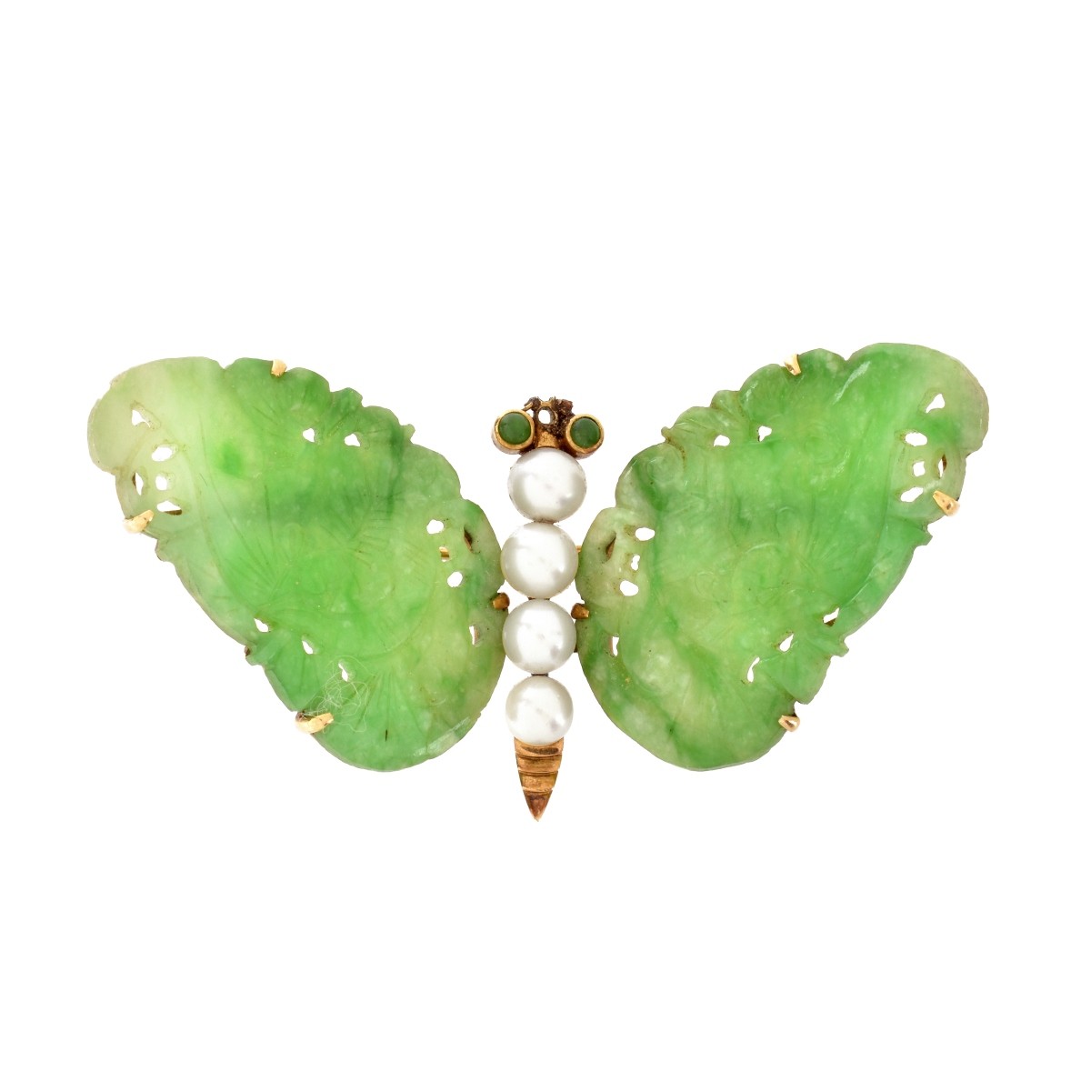 Jade, Pearl and 14K Brooch