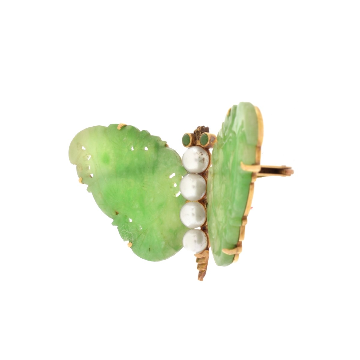 Jade, Pearl and 14K Brooch