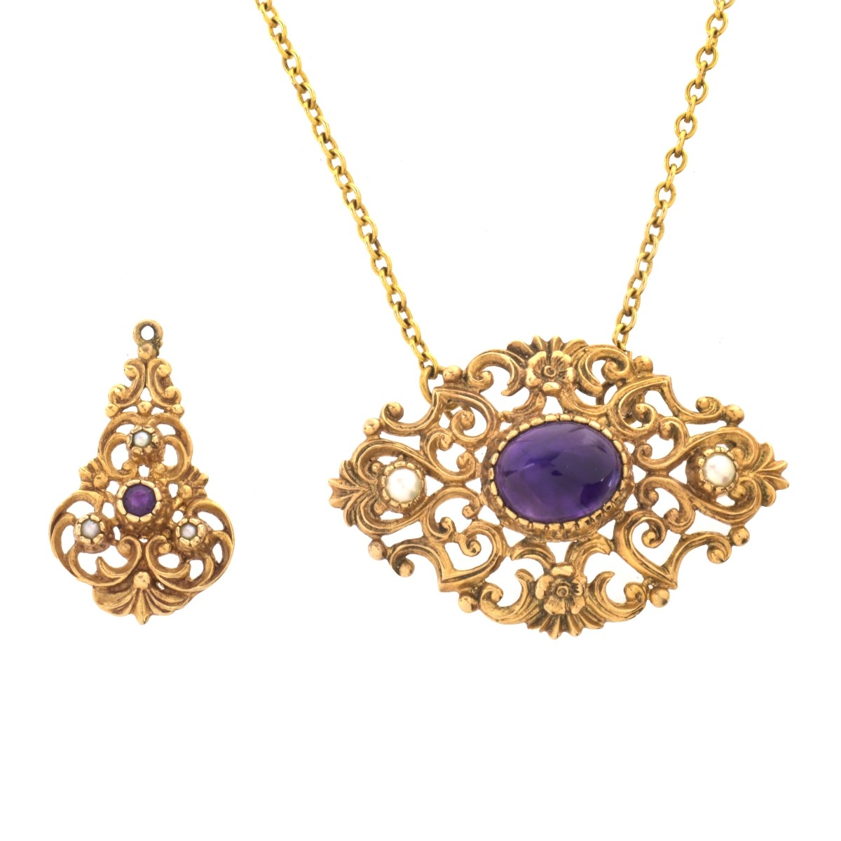 Amethyst, Pearl and 9K Gold Necklace | Kodner Auctions