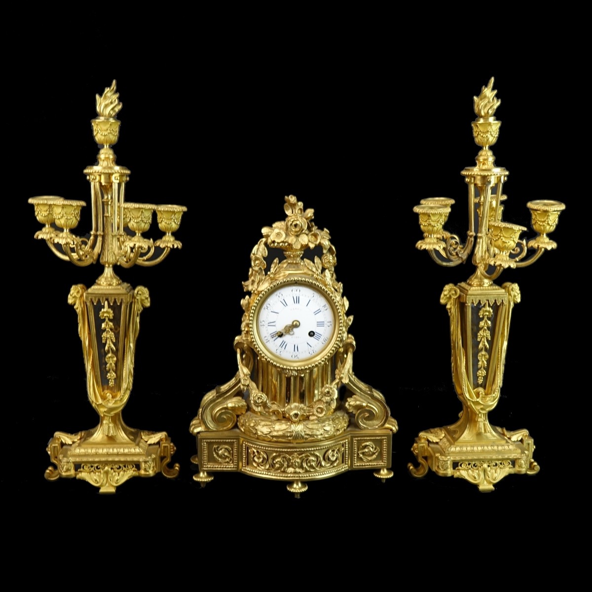 Popon, A. Paris Gilt Bronze Three Piece Garniture