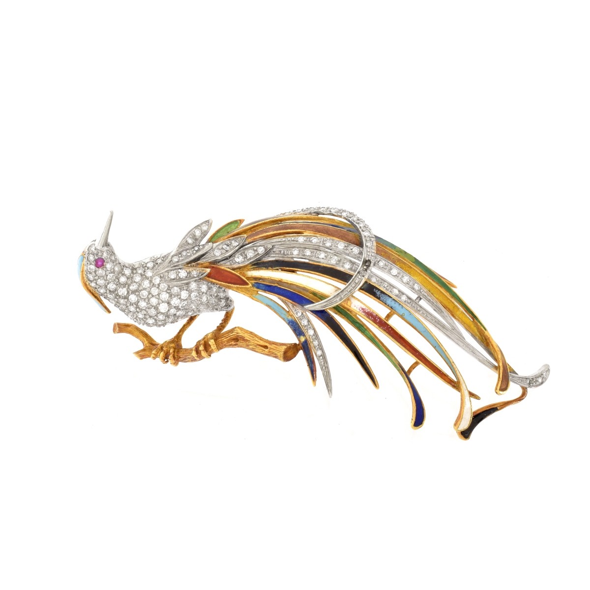 Diamond, Enamel and 18K Bird Brooch