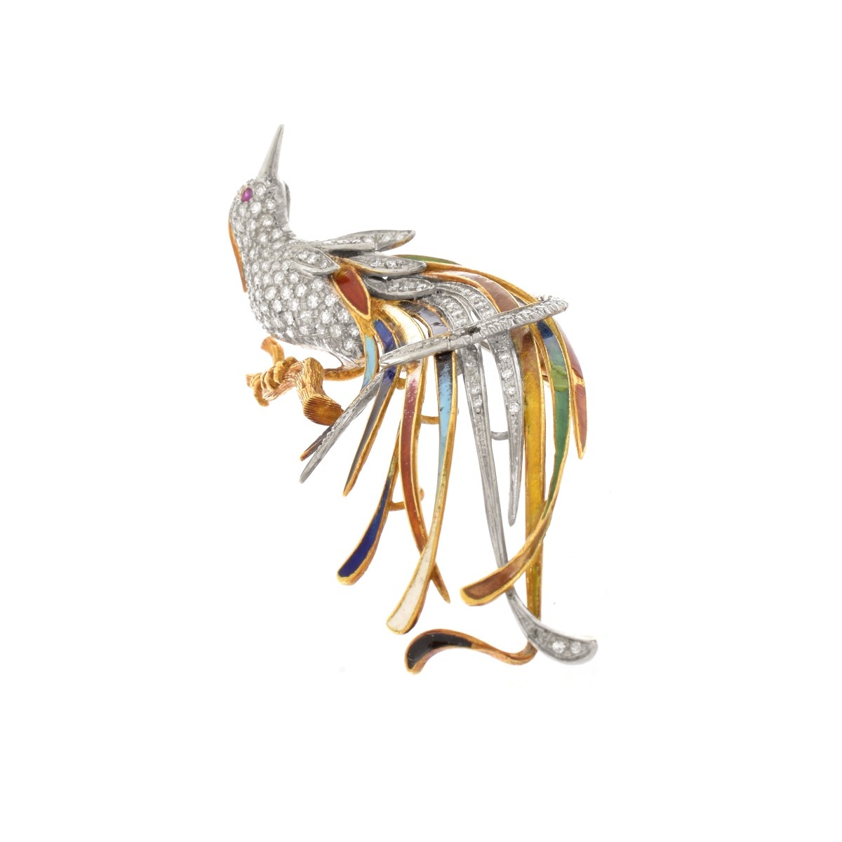 Diamond, Enamel and 18K Bird Brooch