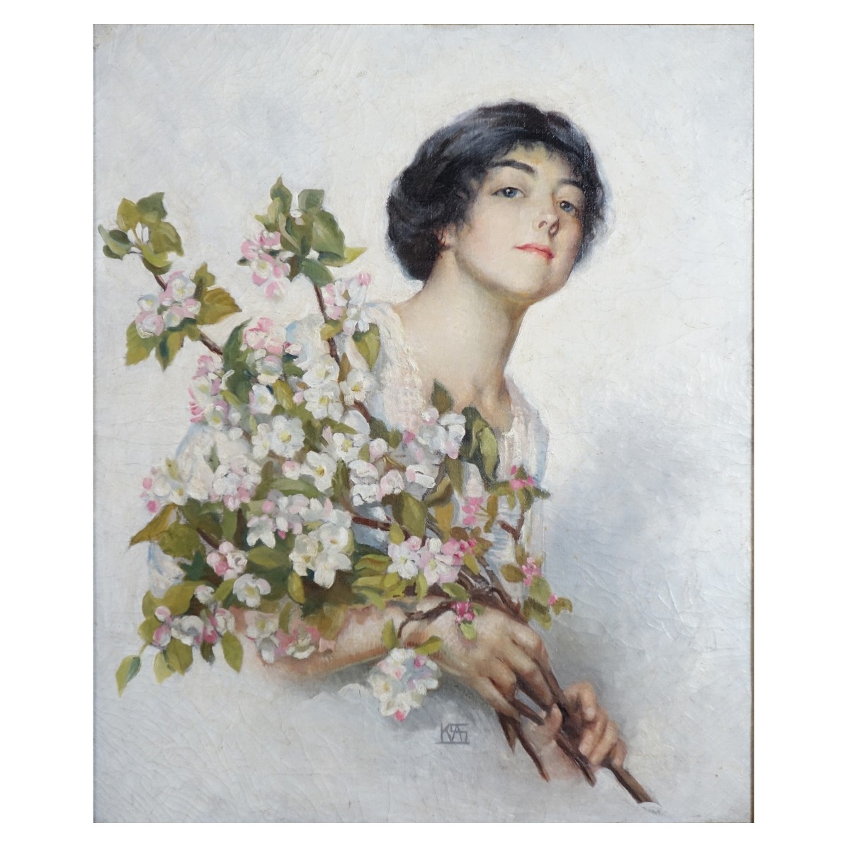 19/20th C. O/C Portrait w/ Flowers