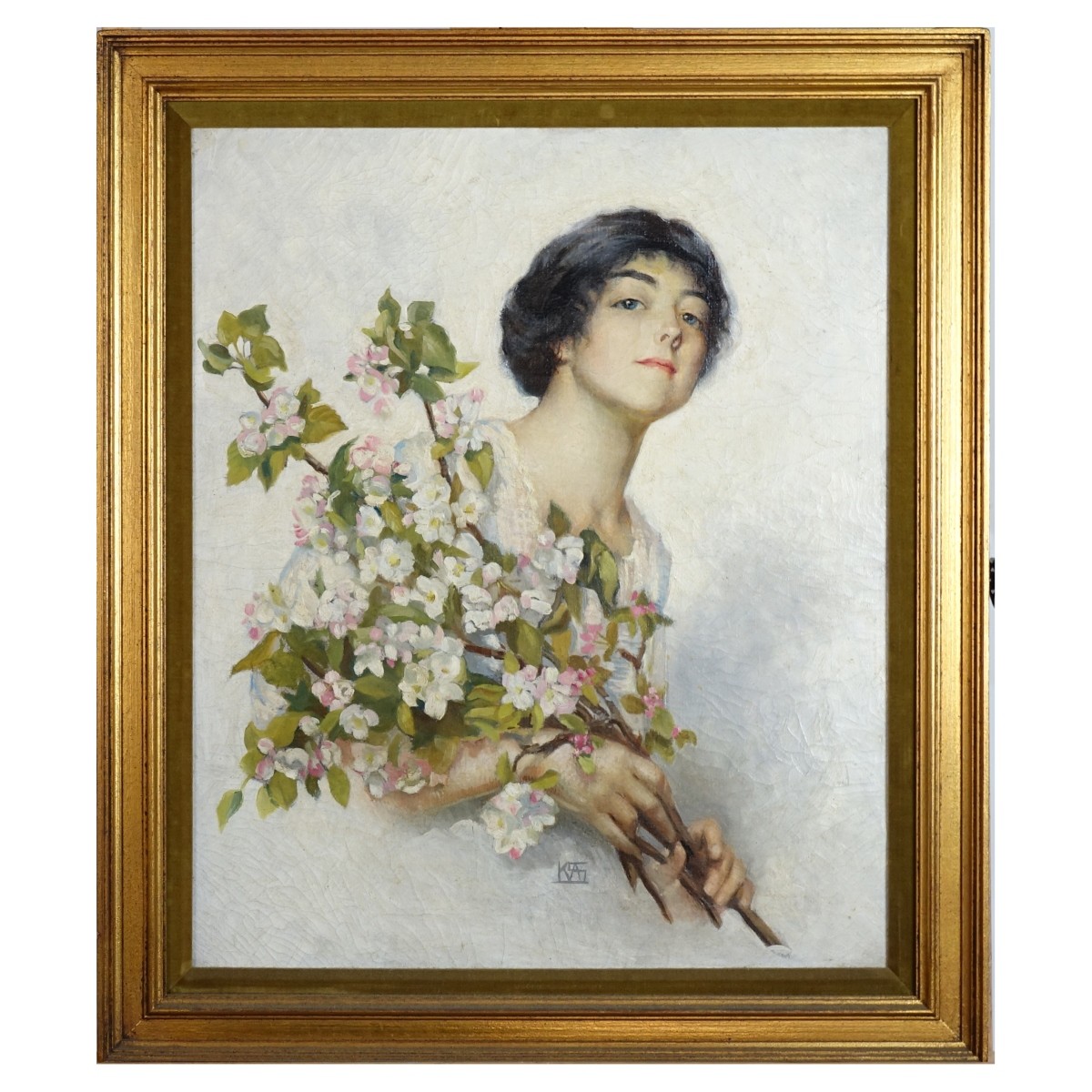 19/20th C. O/C Portrait w/ Flowers