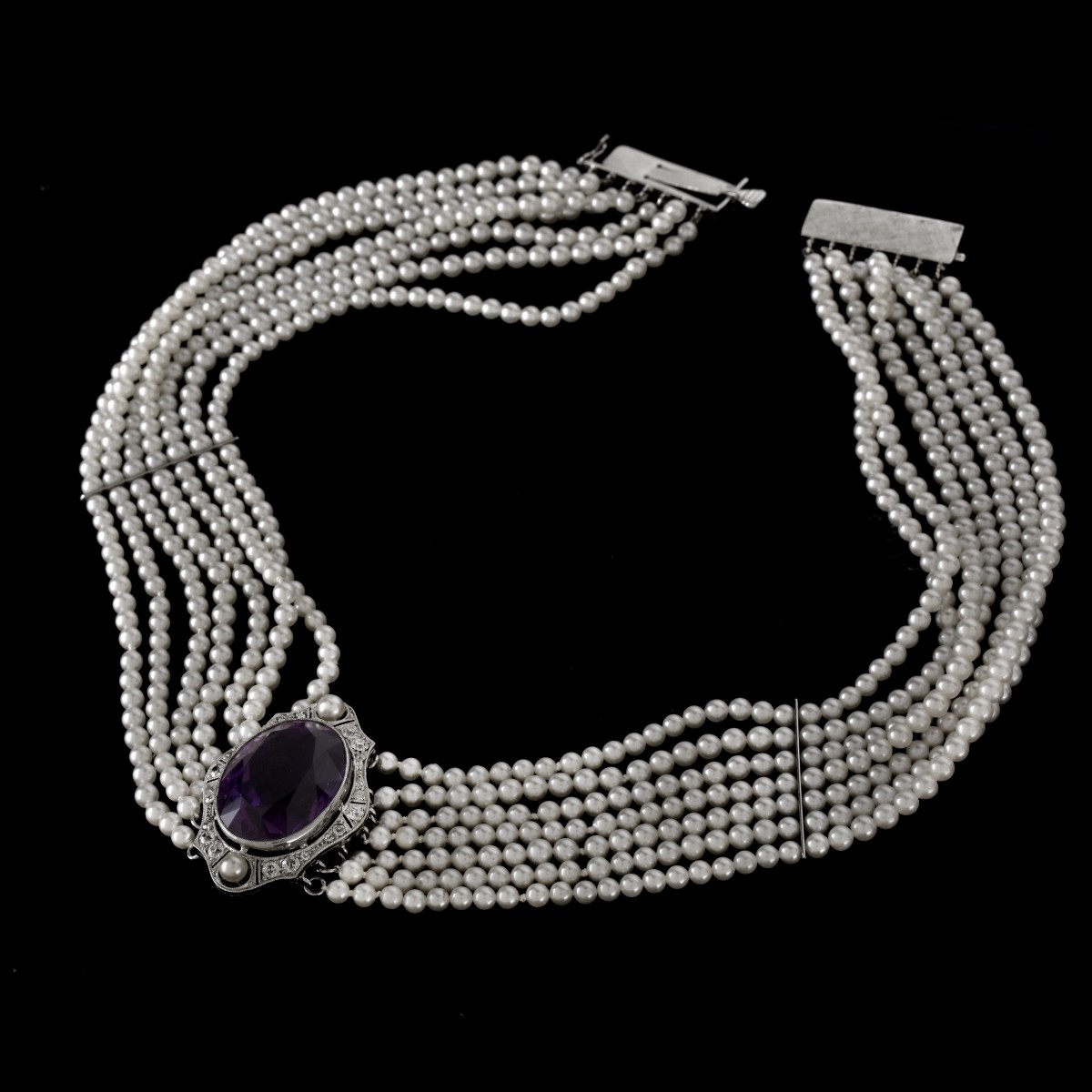 Amethyst Diamond Pearl and Platinum Necklace