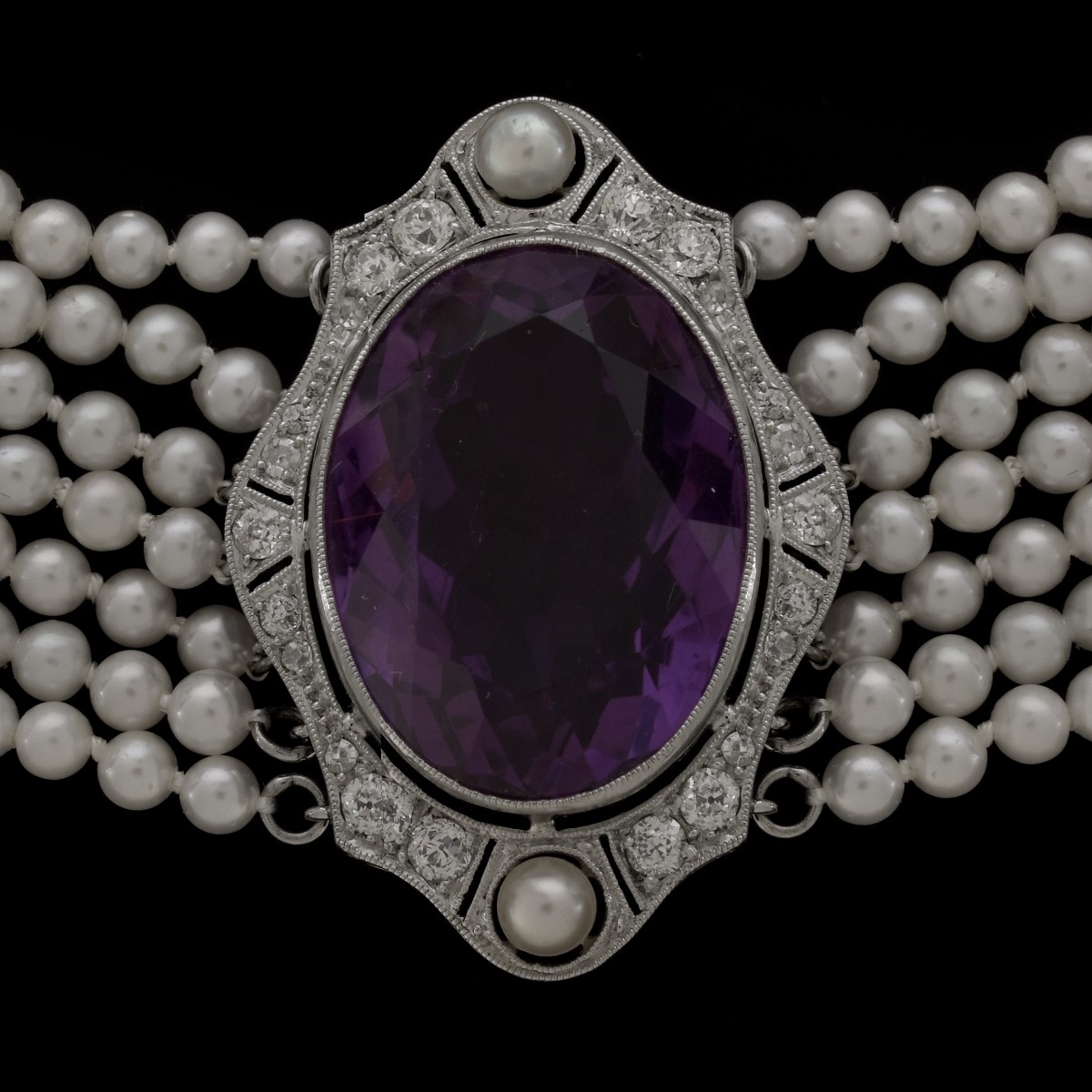 Amethyst Diamond Pearl and Platinum Necklace