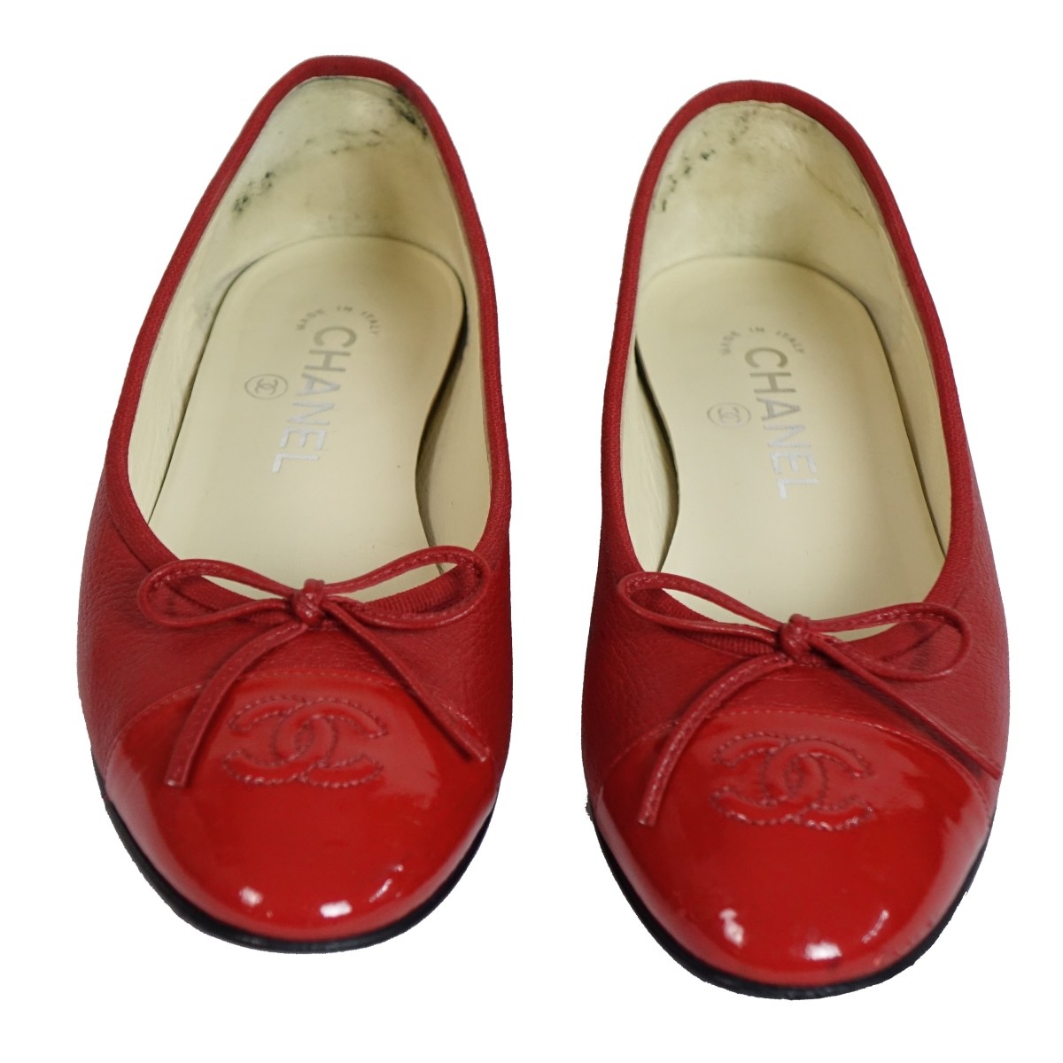 Chanel Red Leather and Patent Cap Toe Ballet Flats