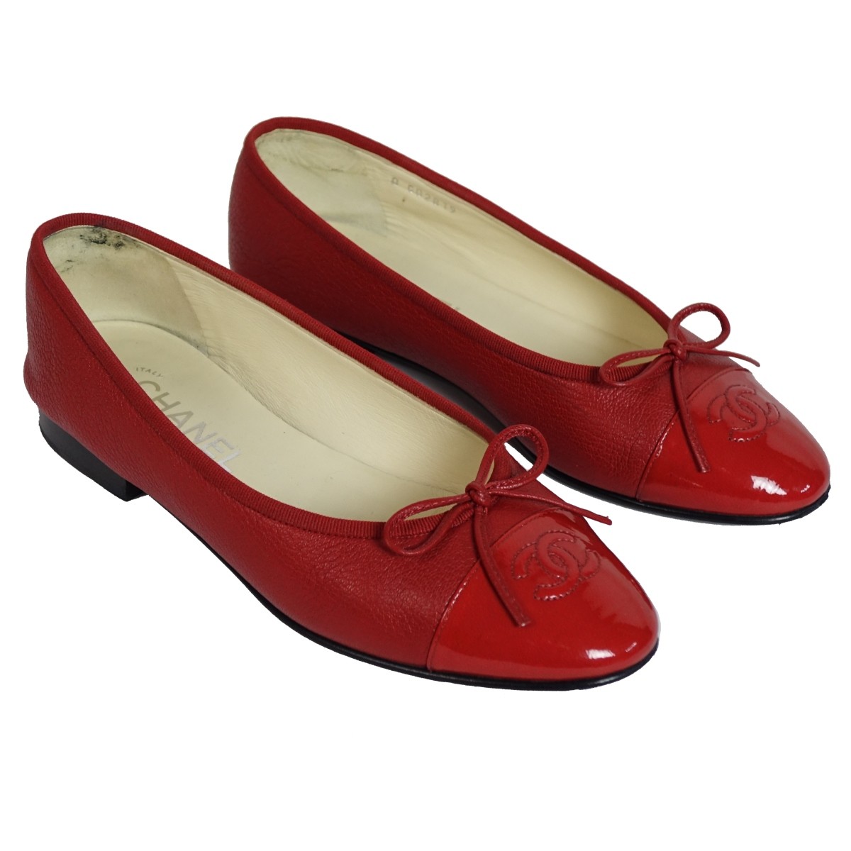 Chanel Red Leather and Patent Cap Toe Ballet Flats