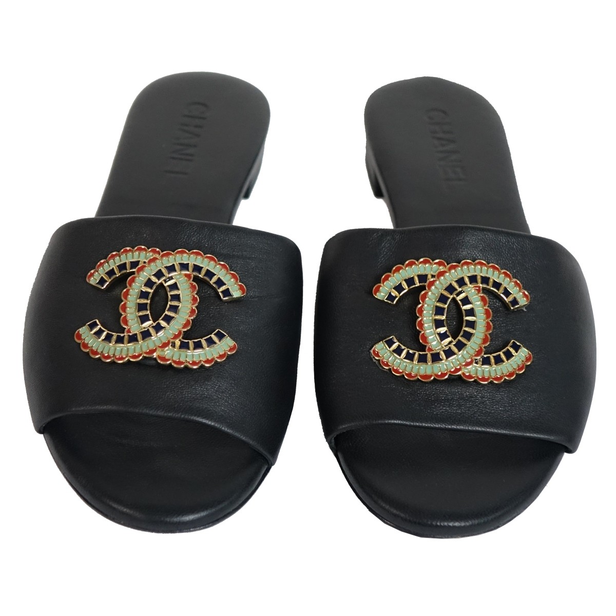 Chanel Black Leather Enamel CC Sandals