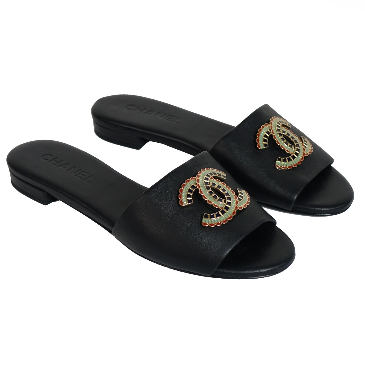 Chanel Black Leather Enamel CC Sandals