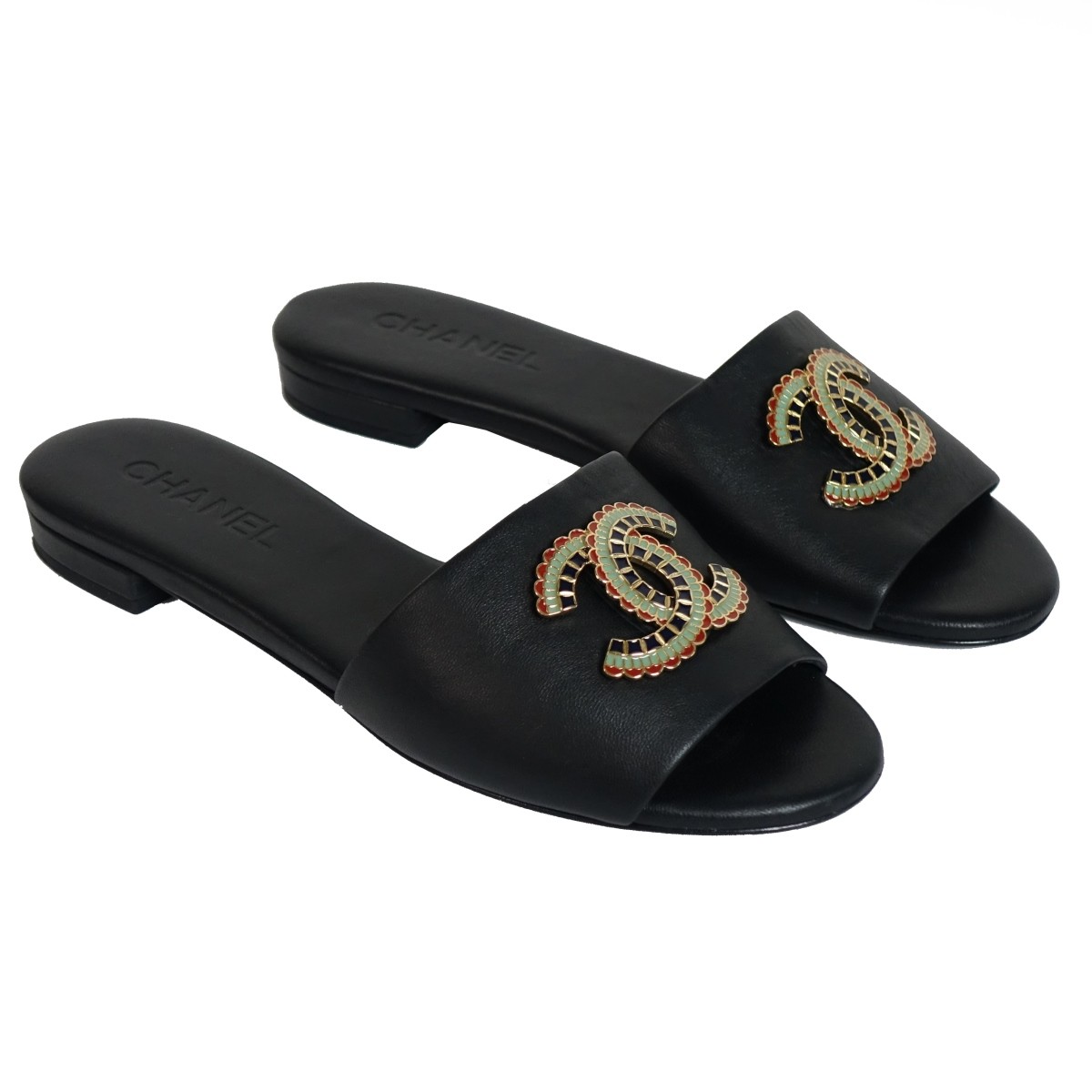 Chanel Black Leather Enamel CC Sandals | Kodner Auctions