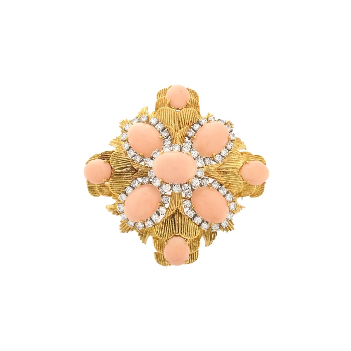 Coral, Diamond and 18K Brooch