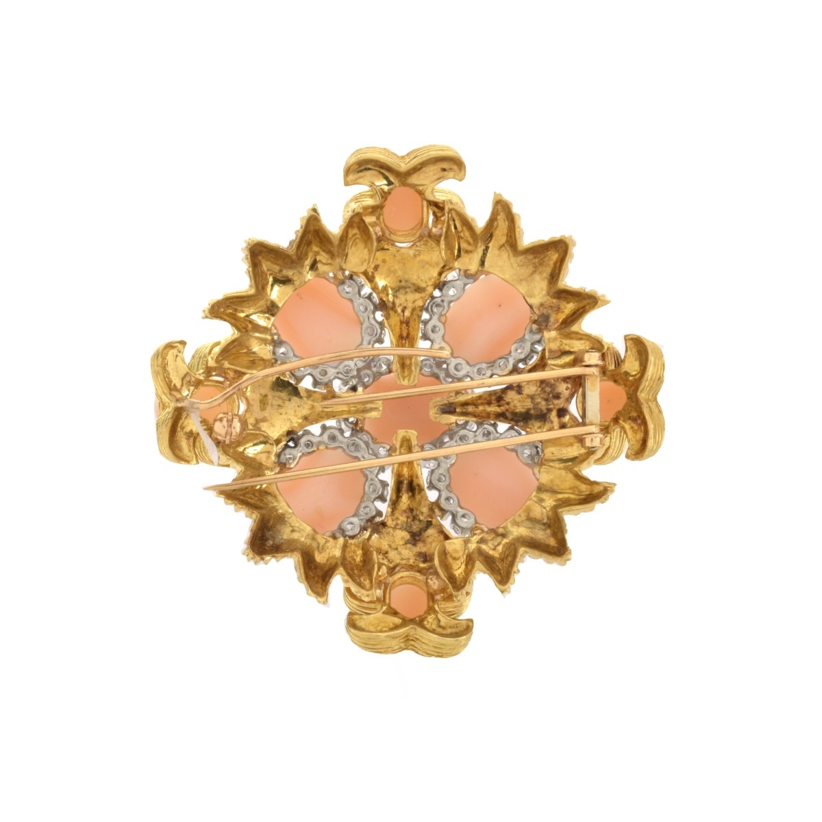 Coral, Diamond and 18K Brooch