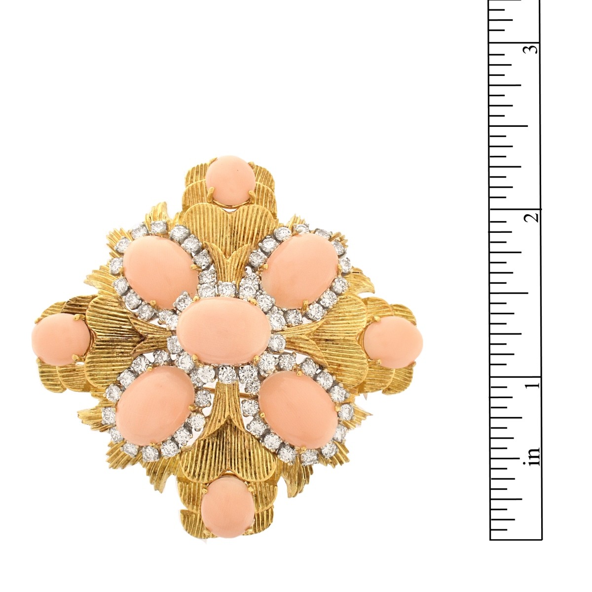 Coral, Diamond and 18K Brooch