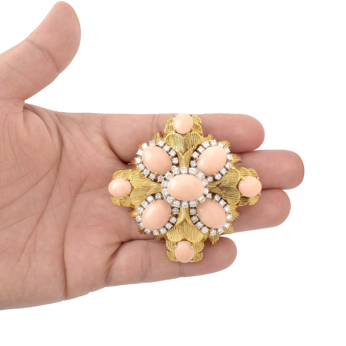 Coral, Diamond and 18K Brooch