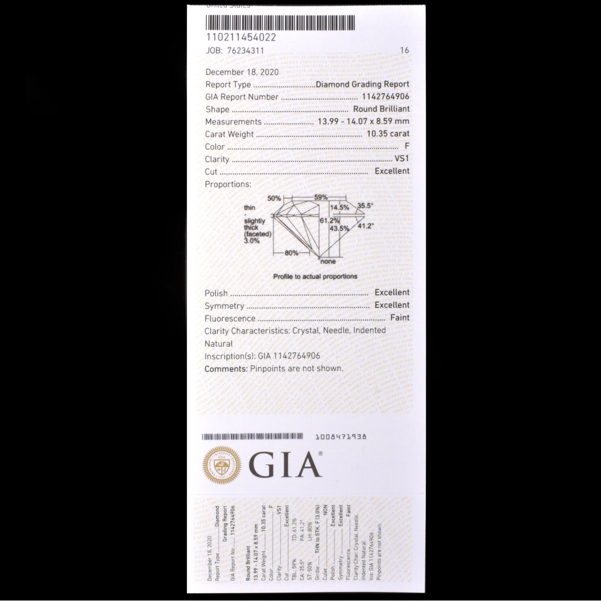 GIA 10.35ct Round Brilliant Cut Diamond