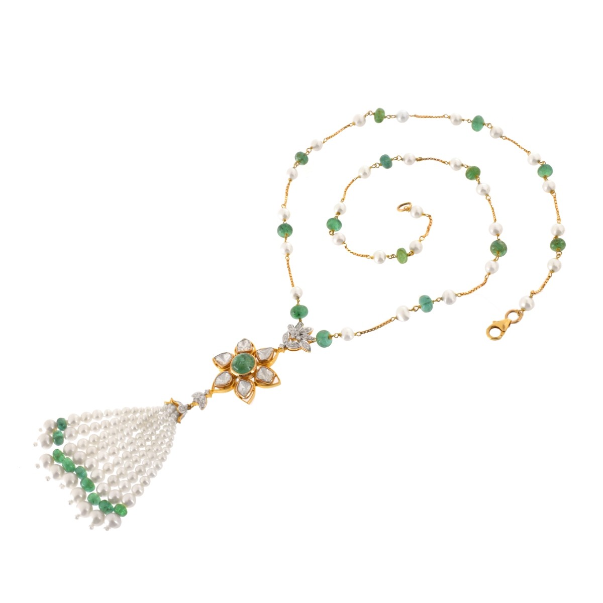 Diamond, Emerald, Pearl and 18K Necklace