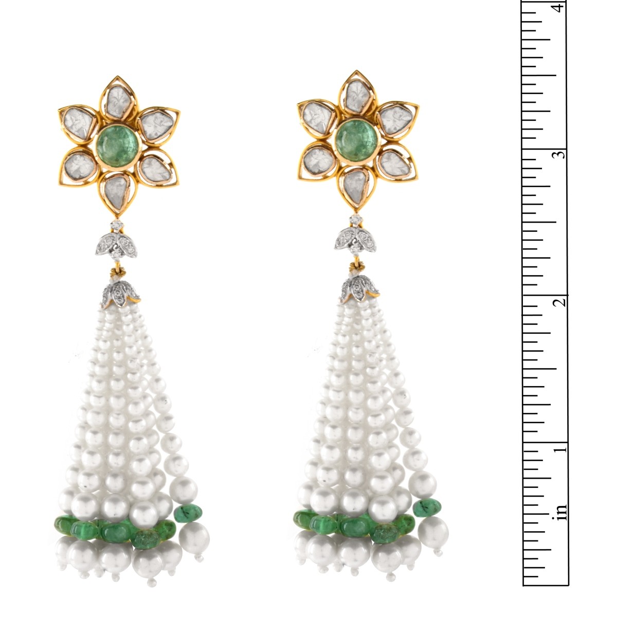 Diamond, Emerald, Pearl and 18K Earrings