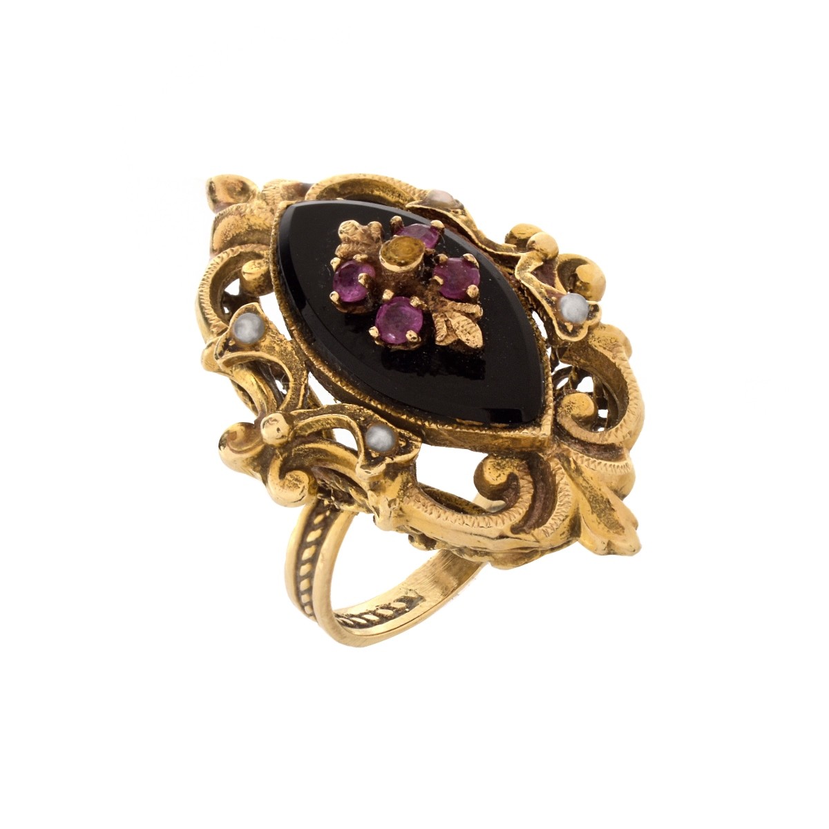 Ruby, Pearl, Onyx and 14K Ring