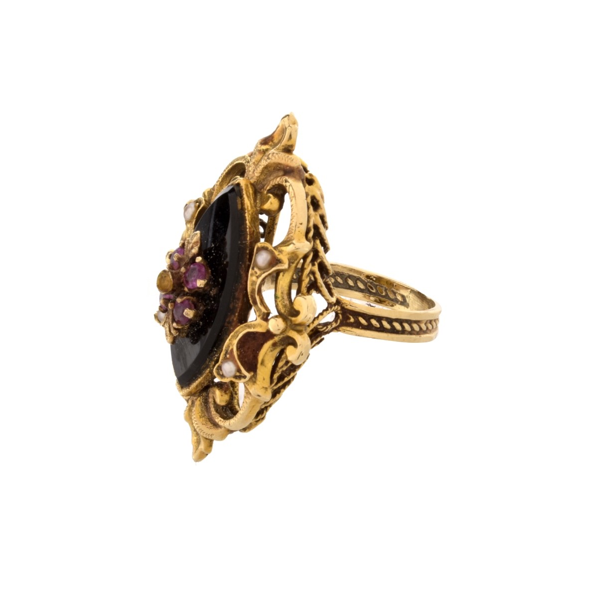 Ruby, Pearl, Onyx and 14K Ring